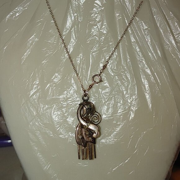 Vintage 12K Gold Moveable Intricate Pendant Necklace 14K GF Chain Pearl Accents - Picture 5 of 16